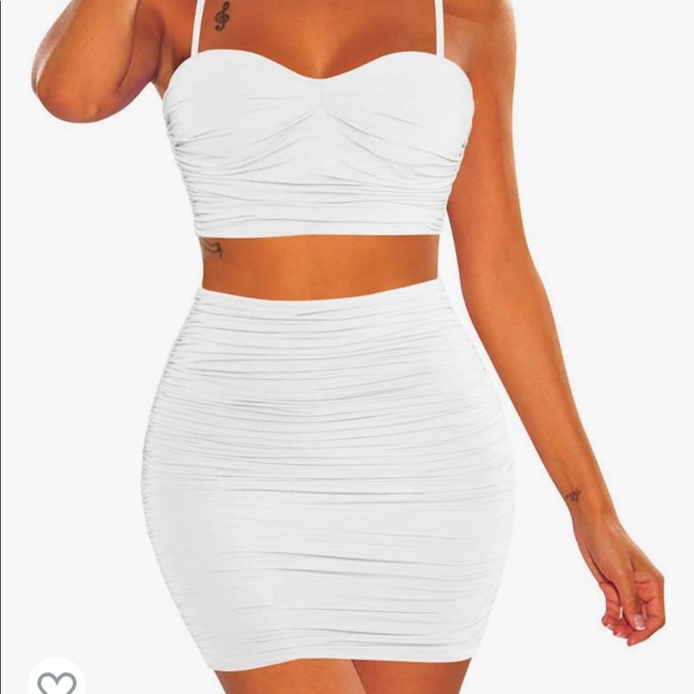 BEAGIMEG Womens spaghetti strap top/bodycon skirt ruched two piece (Amazon)